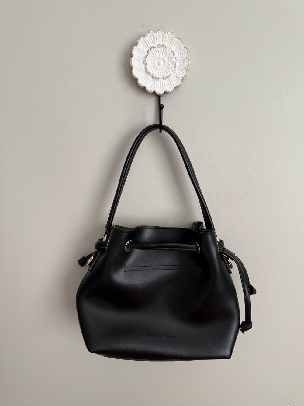 Melie Bianco Anthropologie Black Vegan Leather Bucket Bag Gold Hardware VGUC